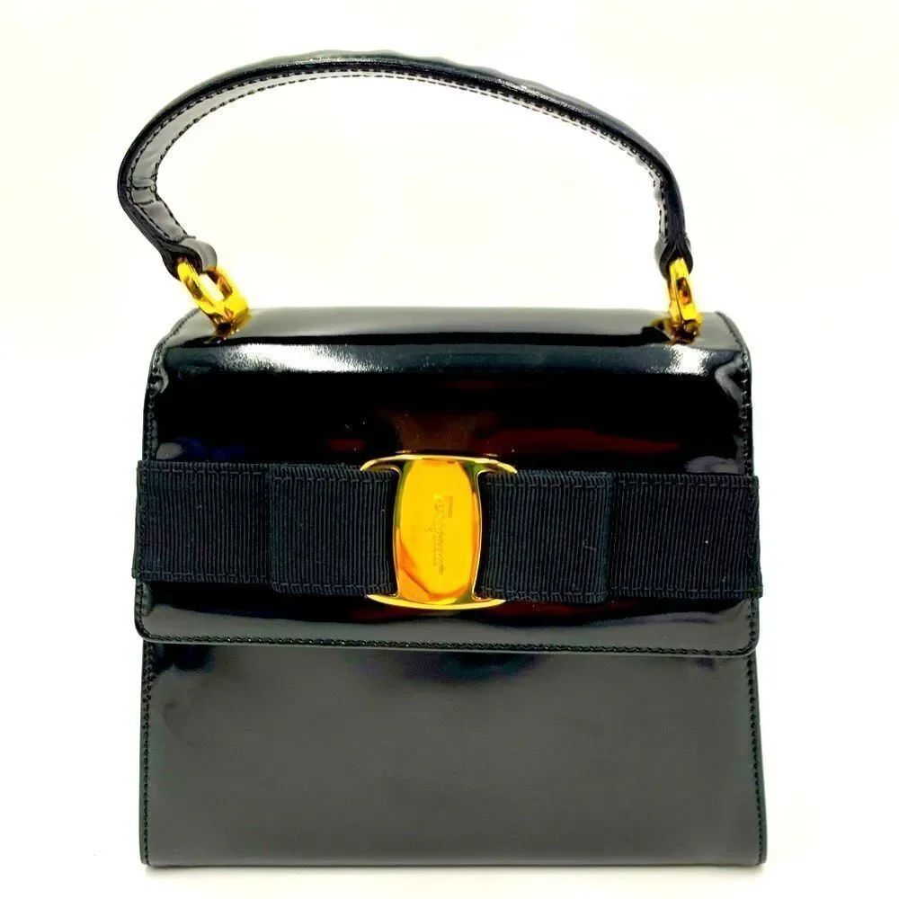 Auth Salvatore Ferragamo Top Handle Black Gancini Leather Mini Vara Bow Bag